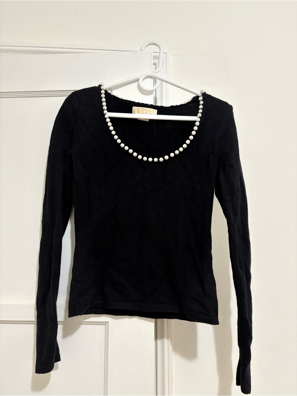 Pearl-Trim Black Long-Sleeve Top